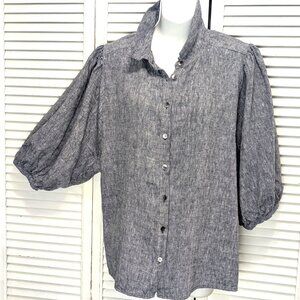 Chicos Linen Button Front Blouse Size 3 XL 16 Gray Puff Balloon Sleeves Shirt